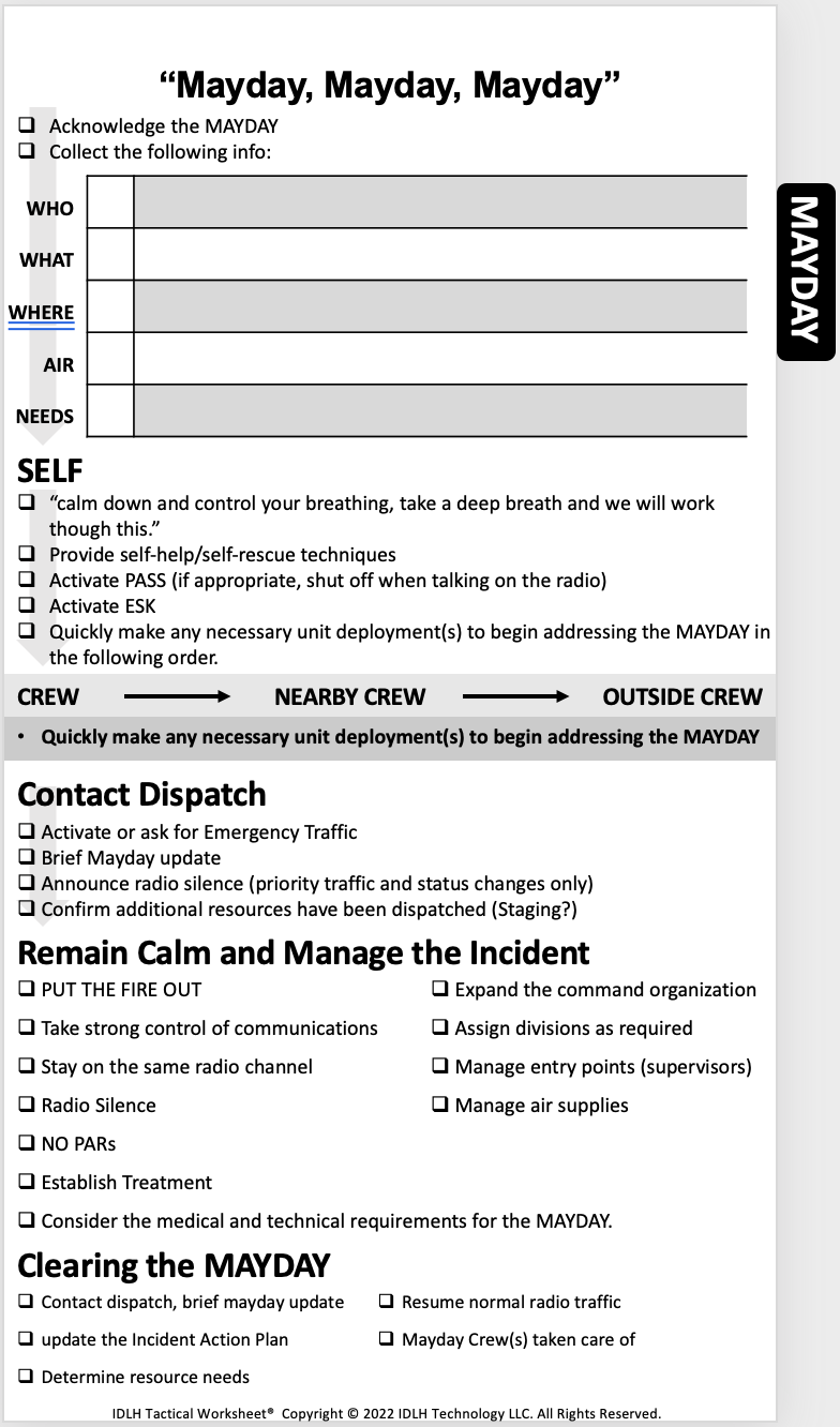 IDLH Tactical Worksheet Command Board Mayday Checklist - Comprehensive guide for incident commanders during mayday situations.