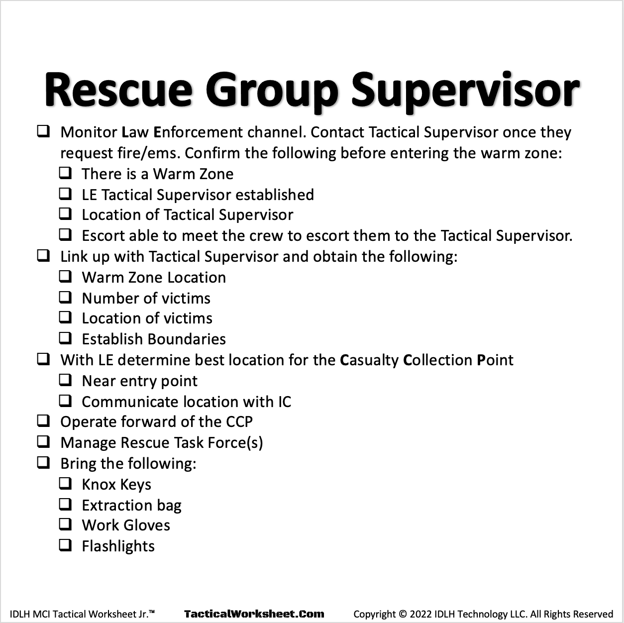 IDLH Active Threat Tactical Worksheet Incident Command Board  Rescue Group Supervisor