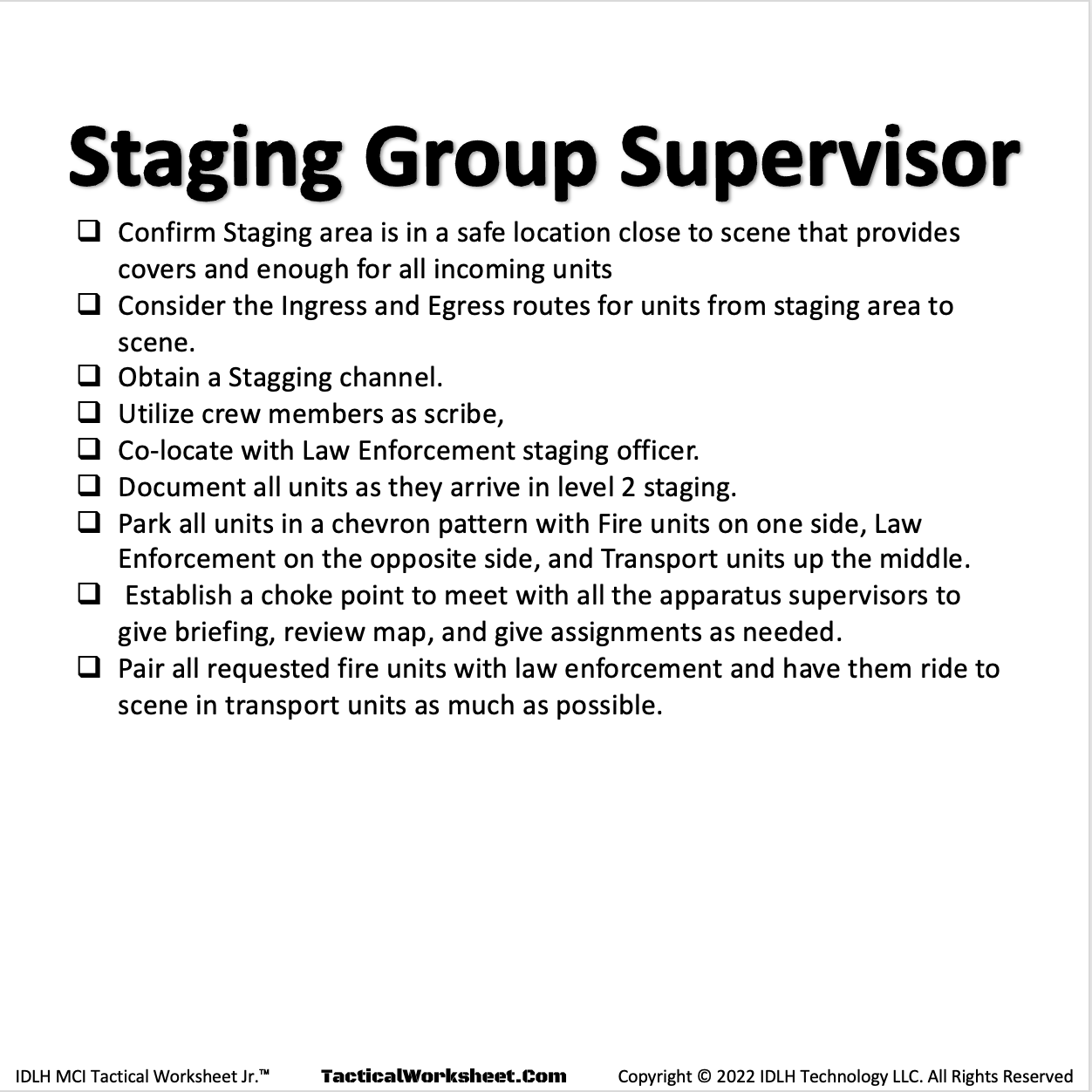 IDLH Active Threat Tactical Worksheet Incident Command Board Staging Group Supervisor